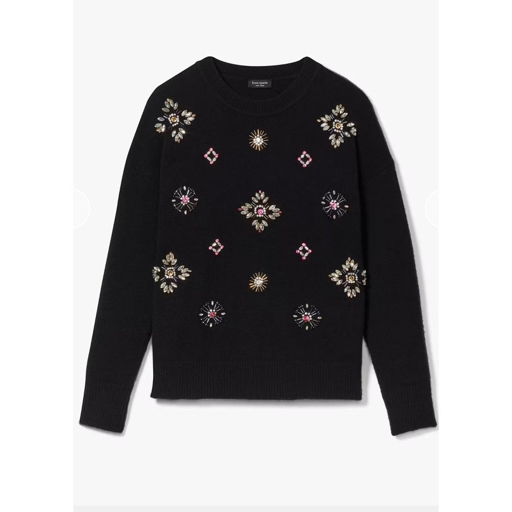Kate Spade New York Embellished Black Sweater XS Sparkle Jewels Crew Neck Wool‎